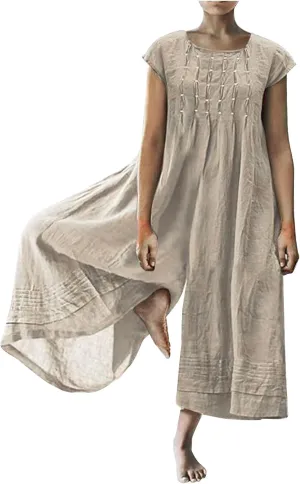 HGps8w 2025 Summer Womens Plus Size Loose Cotton Linen Jumpsuit Cap Sleeve Casual Solid Baggy Rompers Wide Leg Long Pants