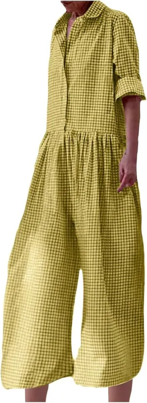 HGps8w Baggy Checkered Jumpsuits for Women Cotton Linen Casual Loose Plaid Romper Long Sleeve Button Up Wide Leg Pants