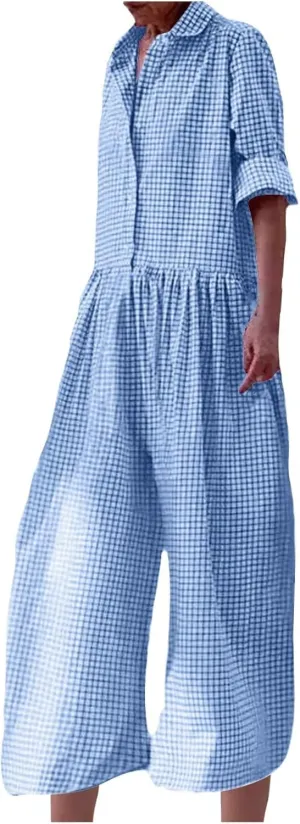 HGps8w Baggy Checkered Jumpsuits for Women Cotton Linen Casual Loose Plaid Romper Long Sleeve Button Up Wide Leg Pants