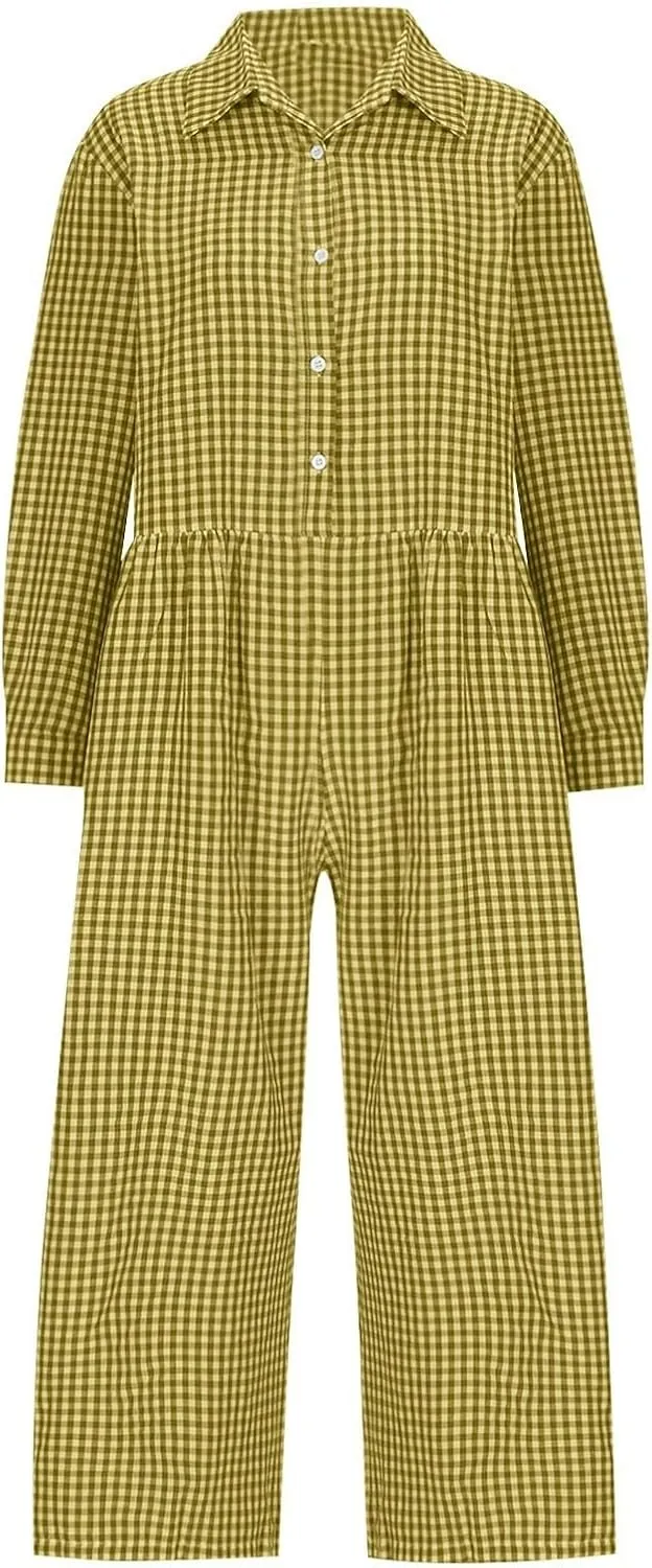 HGps8w Baggy Checkered Jumpsuits for Women Cotton Linen Casual Loose Plaid Romper Long Sleeve Button Up Wide Leg Pants