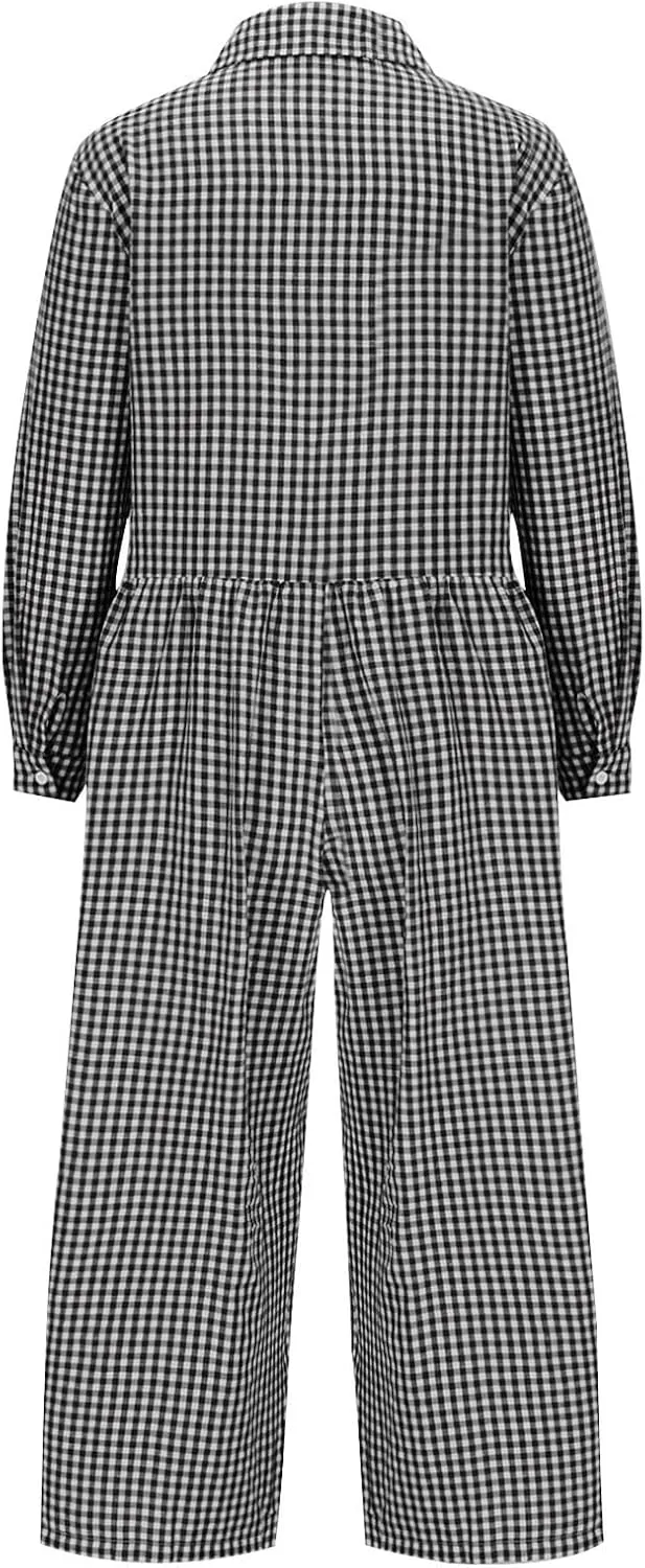 HGps8w Baggy Checkered Jumpsuits for Women Cotton Linen Casual Loose Plaid Romper Long Sleeve Button Up Wide Leg Pants