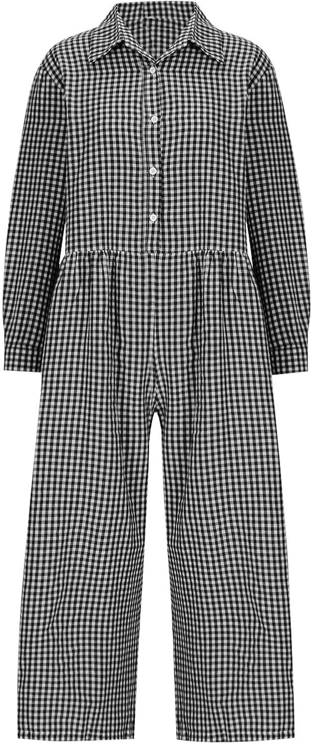 HGps8w Baggy Checkered Jumpsuits for Women Cotton Linen Casual Loose Plaid Romper Long Sleeve Button Up Wide Leg Pants