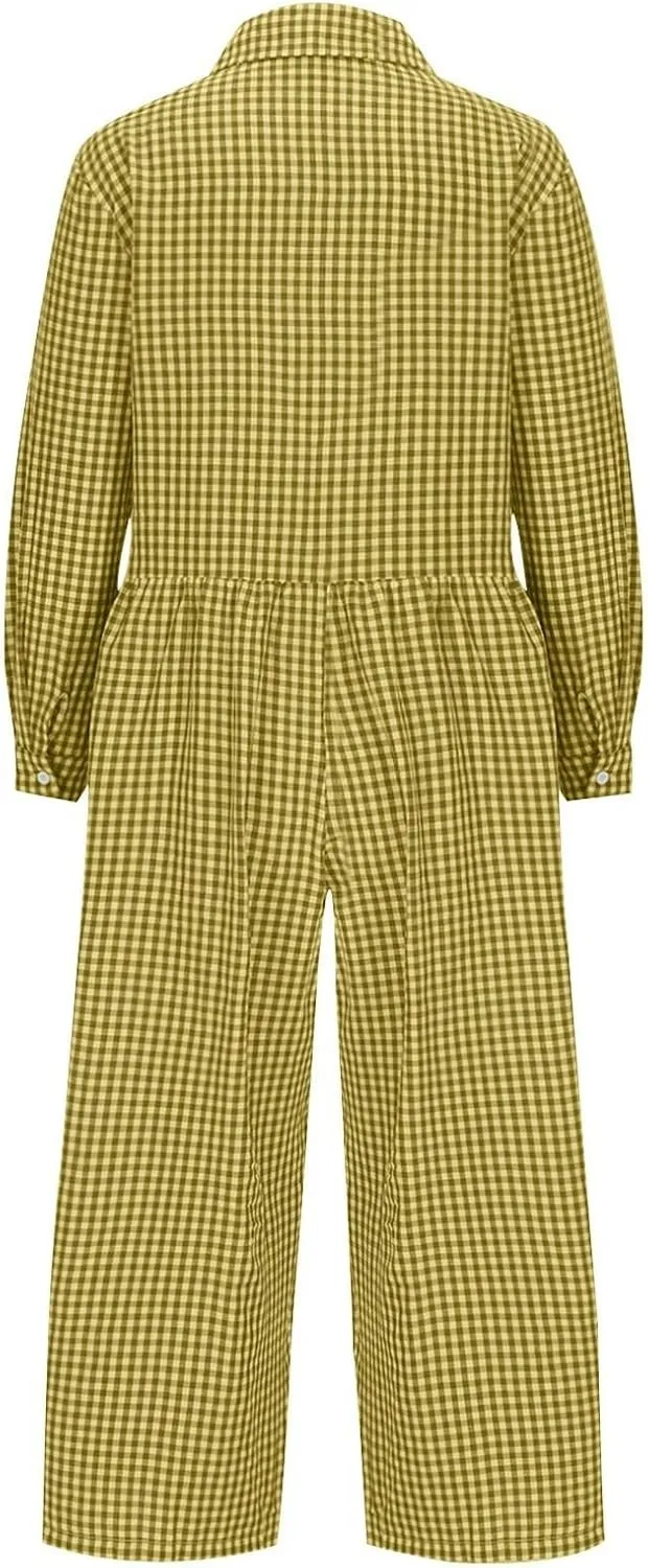 HGps8w Baggy Checkered Jumpsuits for Women Cotton Linen Casual Loose Plaid Romper Long Sleeve Button Up Wide Leg Pants