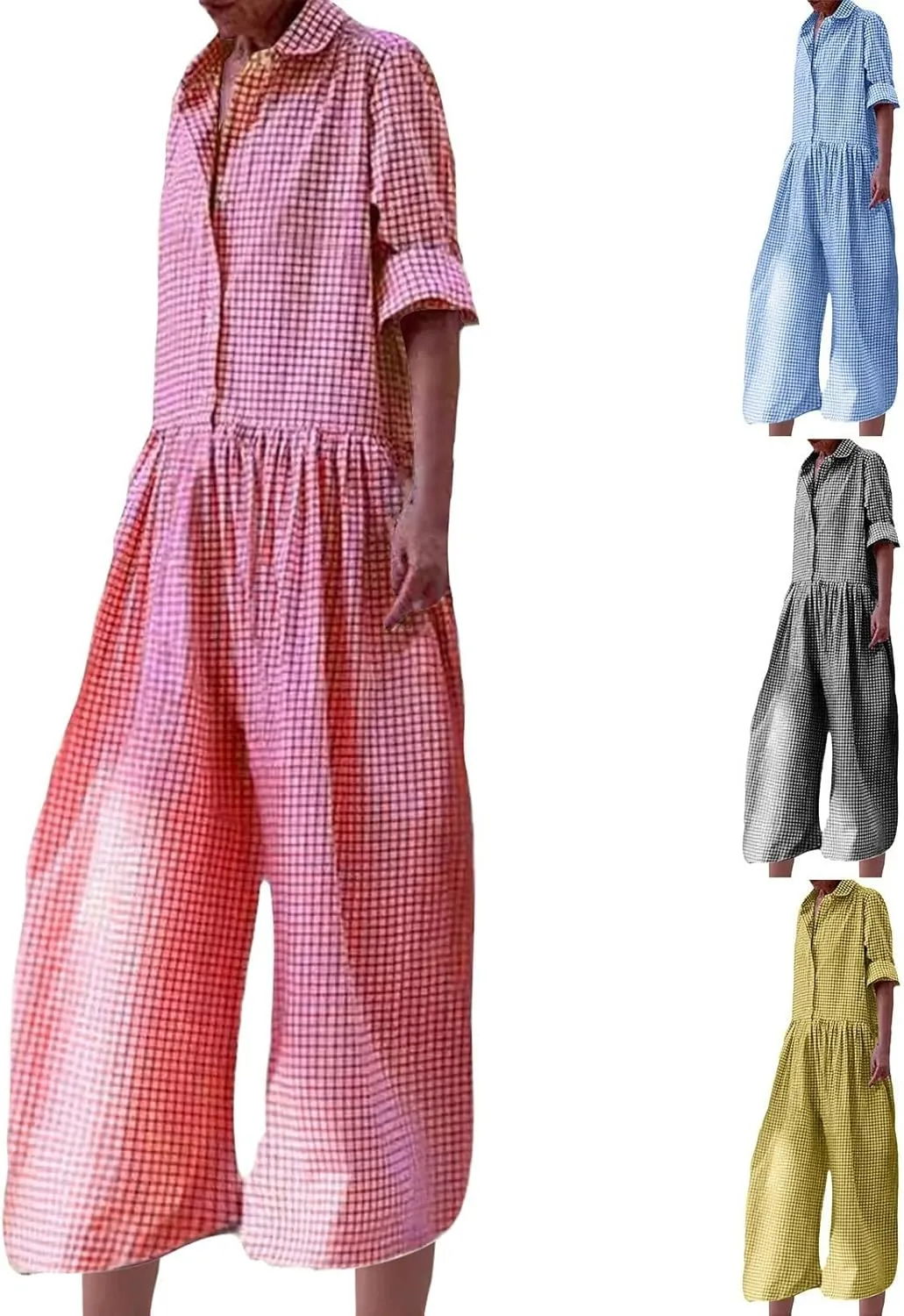 HGps8w Baggy Checkered Jumpsuits for Women Cotton Linen Casual Loose Plaid Romper Long Sleeve Button Up Wide Leg Pants