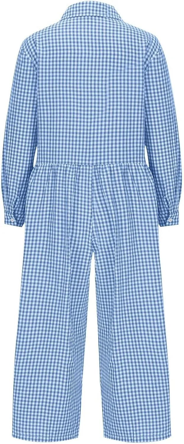 HGps8w Baggy Checkered Jumpsuits for Women Cotton Linen Casual Loose Plaid Romper Long Sleeve Button Up Wide Leg Pants