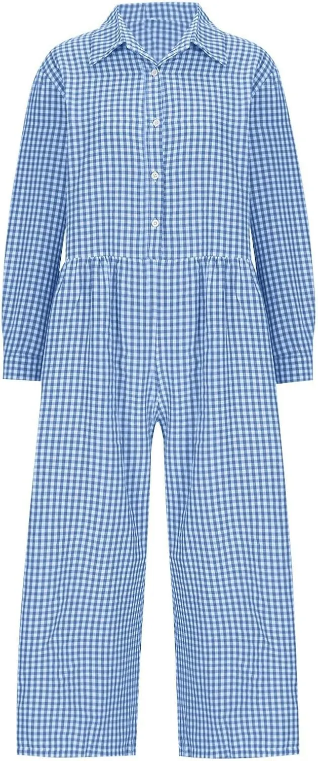 HGps8w Baggy Checkered Jumpsuits for Women Cotton Linen Casual Loose Plaid Romper Long Sleeve Button Up Wide Leg Pants