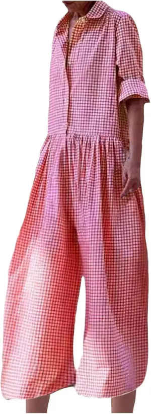 HGps8w Baggy Checkered Jumpsuits for Women Cotton Linen Casual Loose Plaid Romper Long Sleeve Button Up Wide Leg Pants