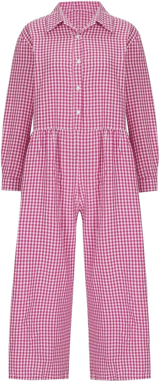 HGps8w Baggy Checkered Jumpsuits for Women Cotton Linen Casual Loose Plaid Romper Long Sleeve Button Up Wide Leg Pants
