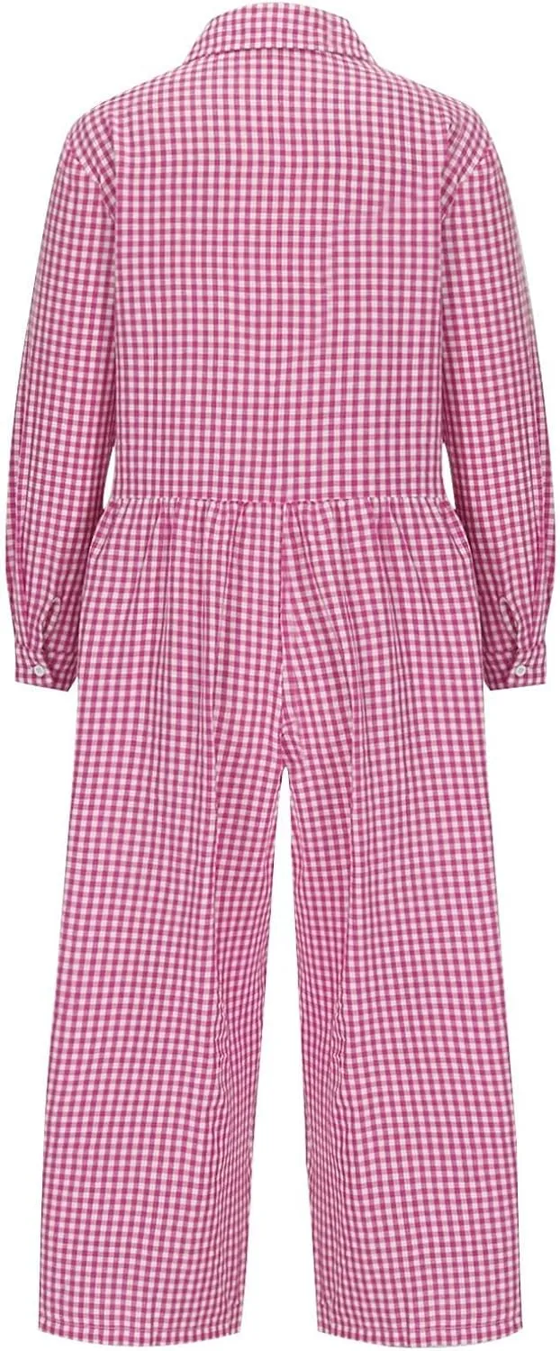 HGps8w Baggy Checkered Jumpsuits for Women Cotton Linen Casual Loose Plaid Romper Long Sleeve Button Up Wide Leg Pants