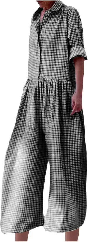 HGps8w Baggy Checkered Jumpsuits for Women Cotton Linen Casual Loose Plaid Romper Long Sleeve Button Up Wide Leg Pants