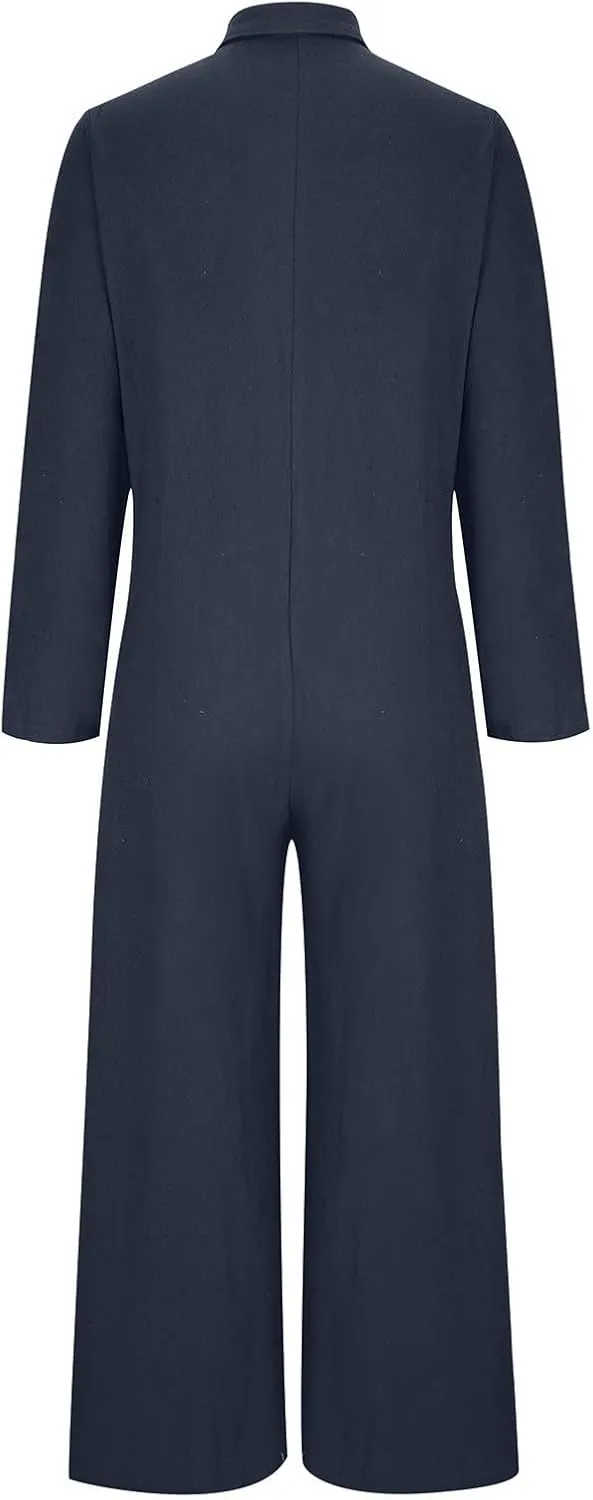 HGps8w One Piece Jumpsuits for Women Casual Cotton Linen Long Sleeve Coverall Jumpsuit Wide Leg Romper Overalls