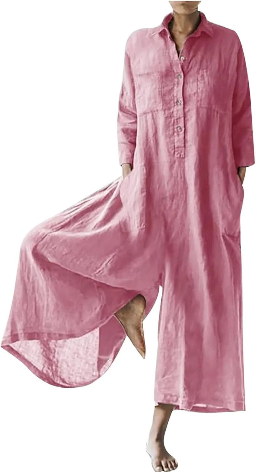 HGps8w One Piece Jumpsuits for Women Casual Cotton Linen Long Sleeve Coverall Jumpsuit Wide Leg Romper Overalls