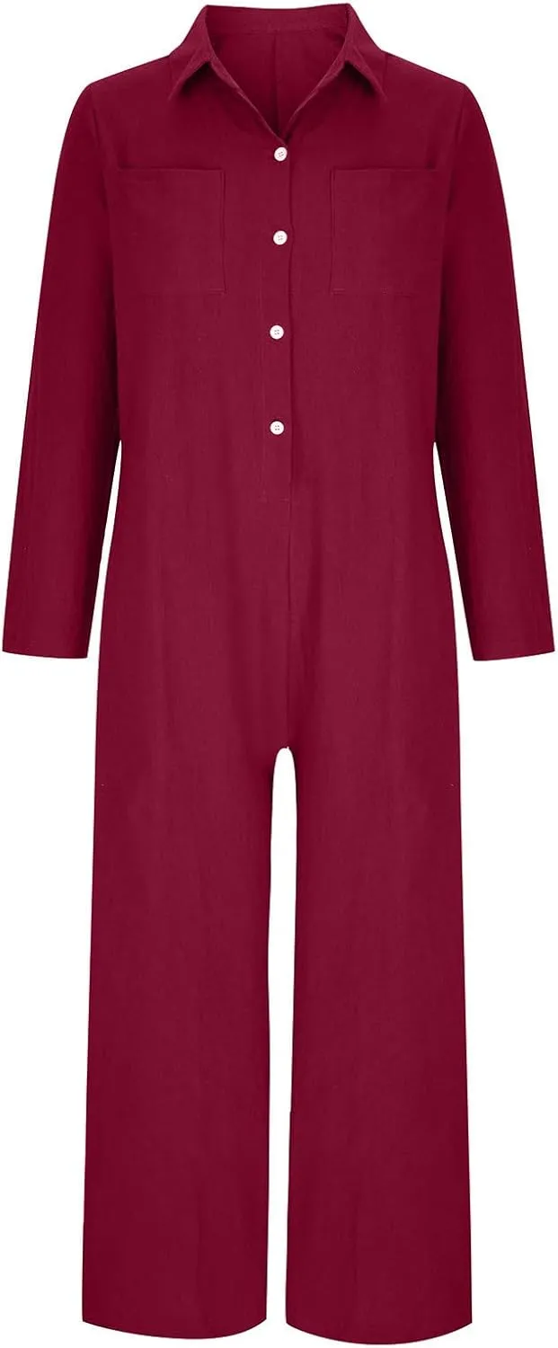 HGps8w One Piece Jumpsuits for Women Casual Cotton Linen Long Sleeve Coverall Jumpsuit Wide Leg Romper Overalls