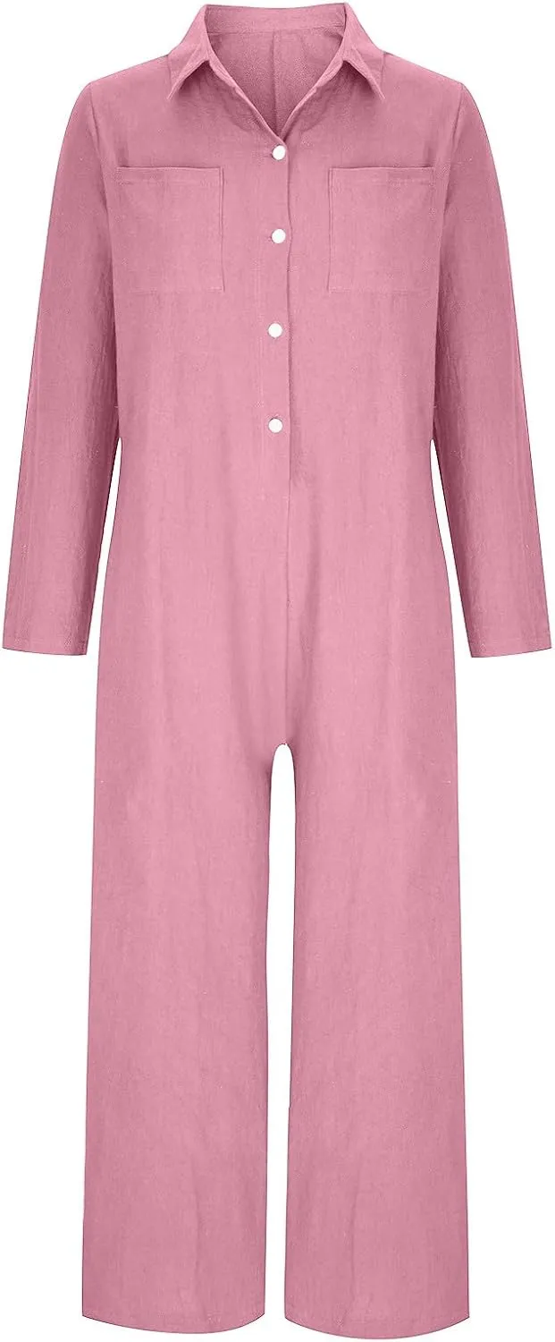 HGps8w One Piece Jumpsuits for Women Casual Cotton Linen Long Sleeve Coverall Jumpsuit Wide Leg Romper Overalls