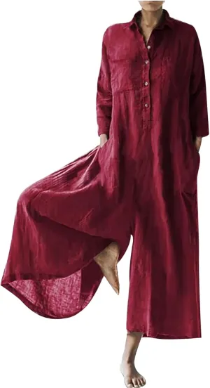 HGps8w One Piece Jumpsuits for Women Casual Cotton Linen Long Sleeve Coverall Jumpsuit Wide Leg Romper Overalls