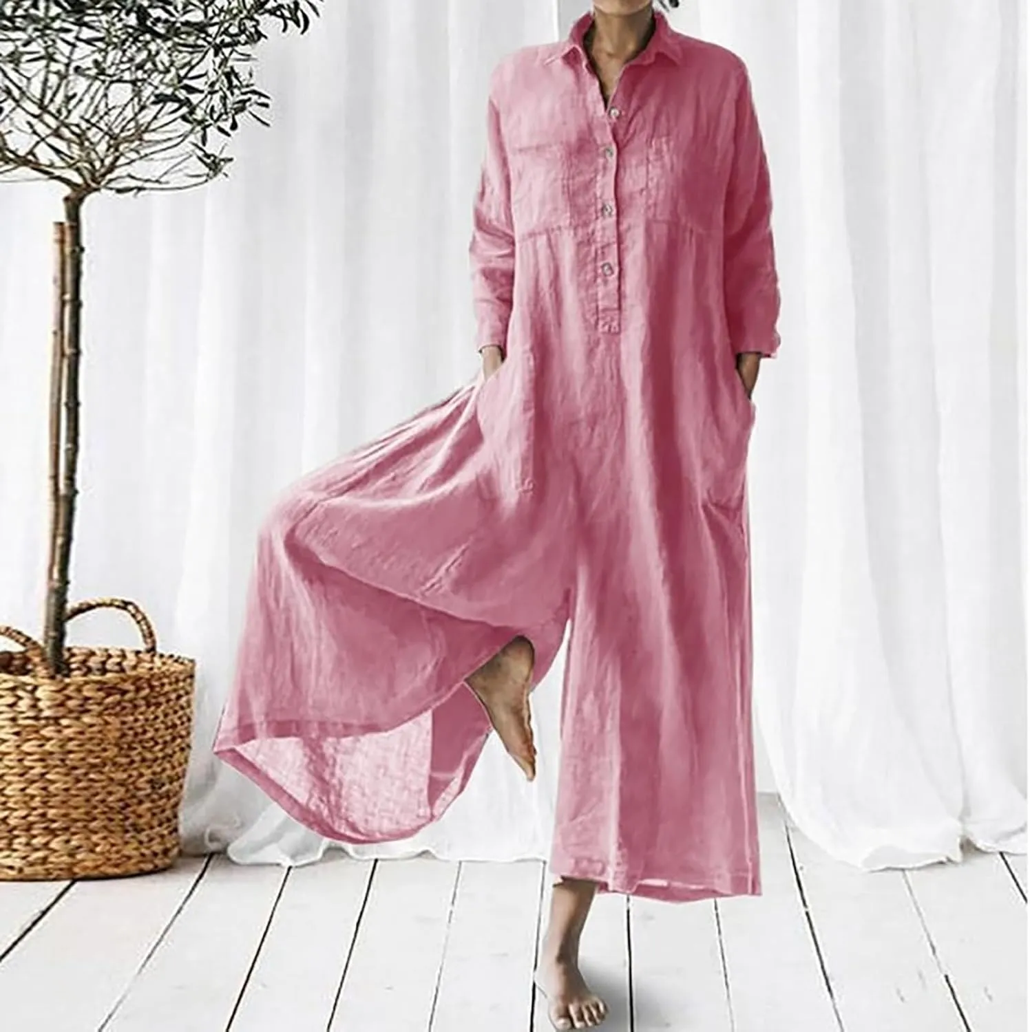 HGps8w One Piece Jumpsuits for Women Casual Cotton Linen Long Sleeve Coverall Jumpsuit Wide Leg Romper Overalls