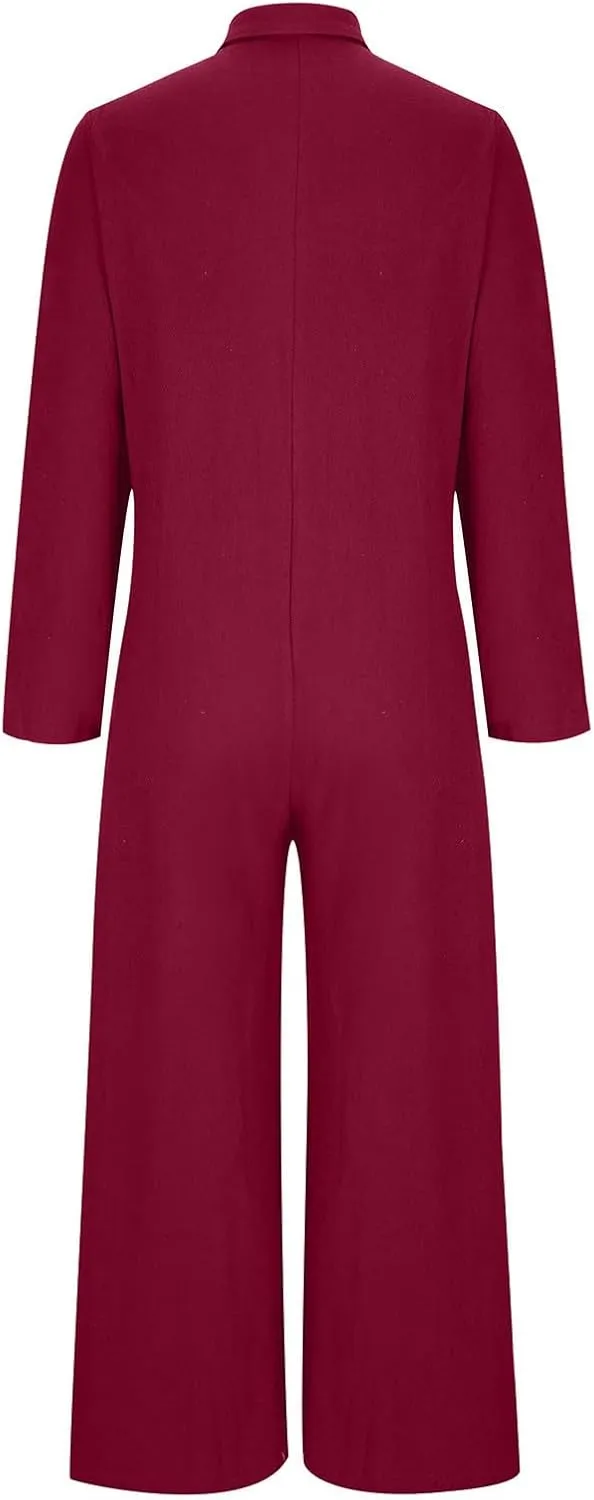 HGps8w One Piece Jumpsuits for Women Casual Cotton Linen Long Sleeve Coverall Jumpsuit Wide Leg Romper Overalls