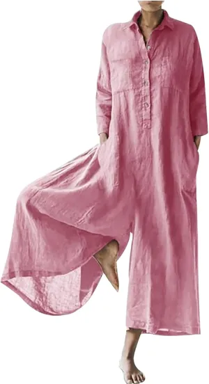 HGps8w One Piece Jumpsuits for Women Casual Cotton Linen Long Sleeve Coverall Jumpsuit Wide Leg Romper Overalls