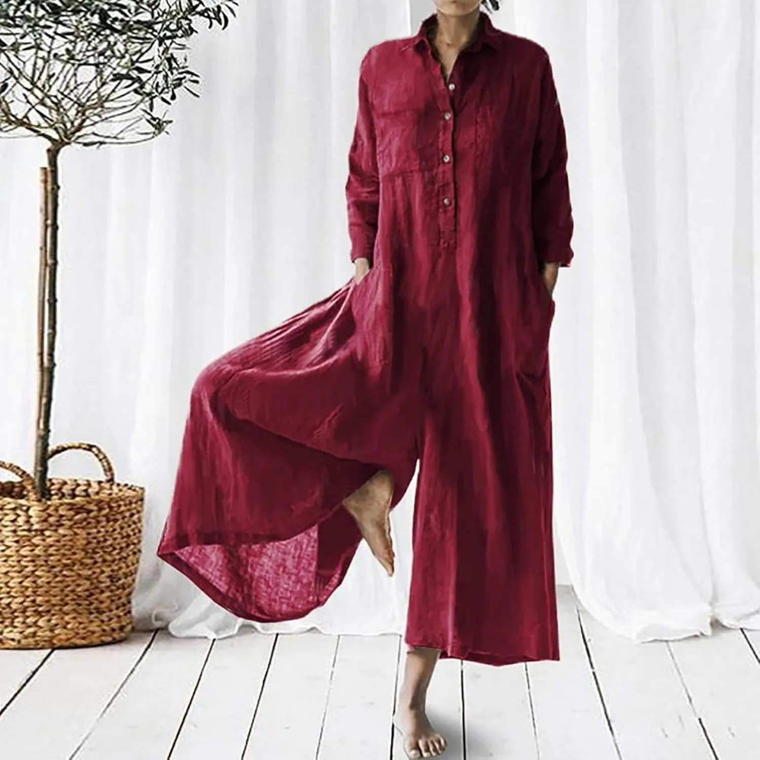 HGps8w One Piece Jumpsuits for Women Casual Cotton Linen Long Sleeve Coverall Jumpsuit Wide Leg Romper Overalls