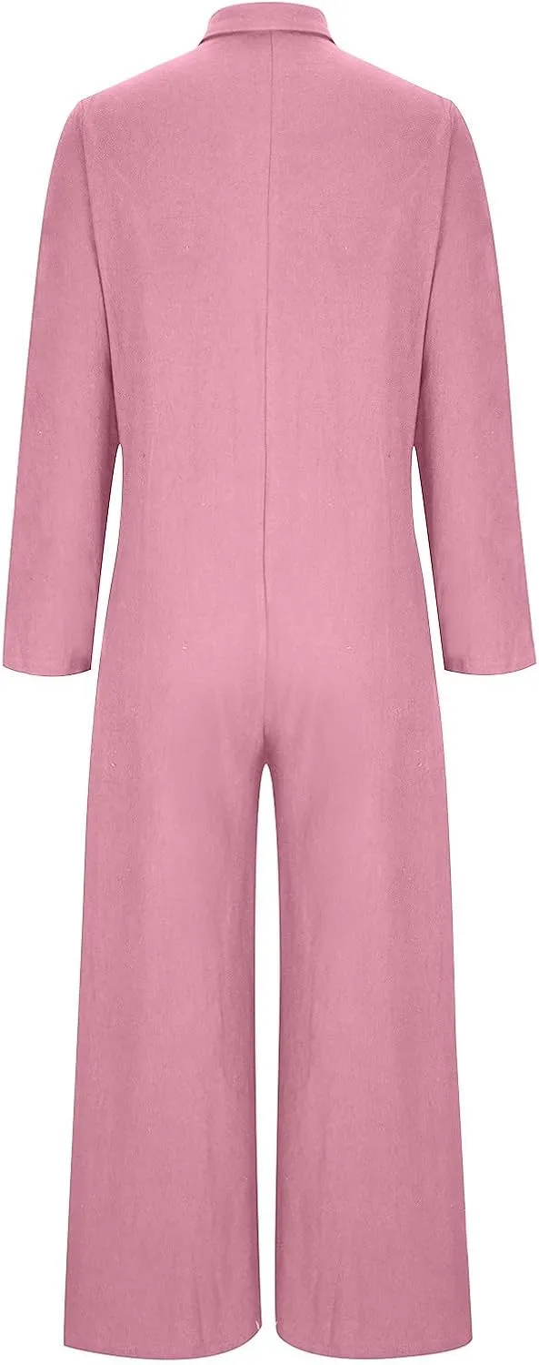 HGps8w One Piece Jumpsuits for Women Casual Cotton Linen Long Sleeve Coverall Jumpsuit Wide Leg Romper Overalls