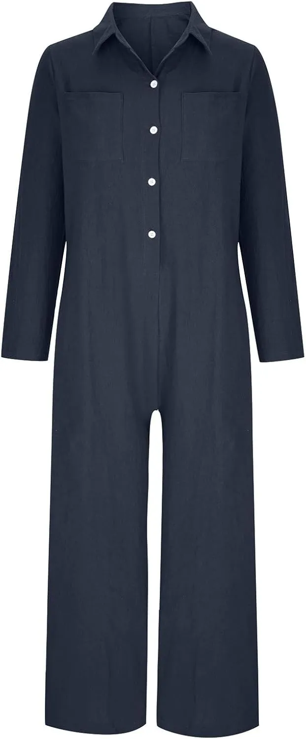 HGps8w One Piece Jumpsuits for Women Casual Cotton Linen Long Sleeve Coverall Jumpsuit Wide Leg Romper Overalls