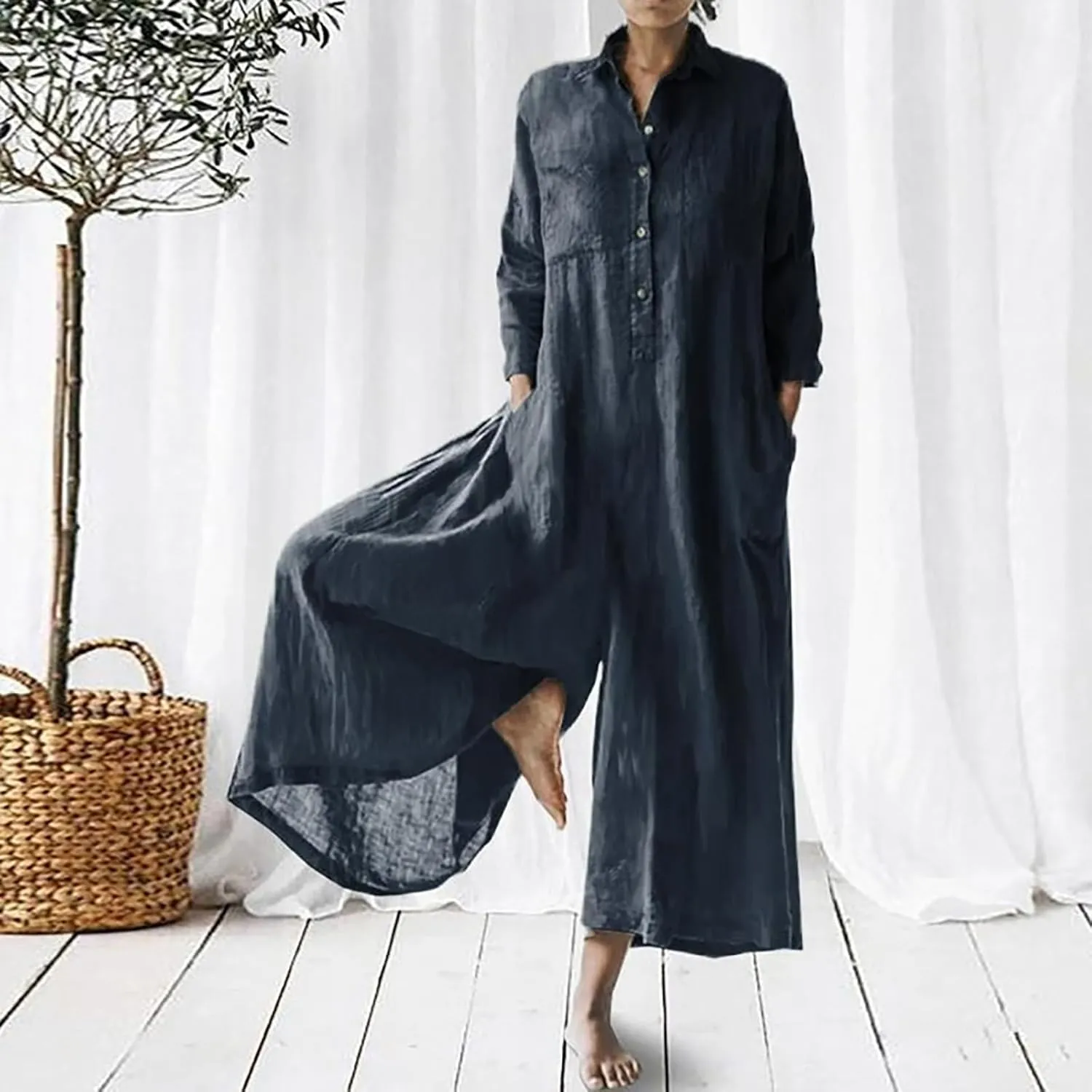 HGps8w One Piece Jumpsuits for Women Casual Cotton Linen Long Sleeve Coverall Jumpsuit Wide Leg Romper Overalls