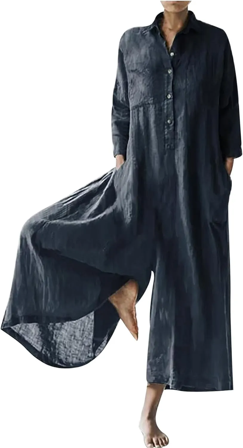 HGps8w One Piece Jumpsuits for Women Casual Cotton Linen Long Sleeve Coverall Jumpsuit Wide Leg Romper Overalls