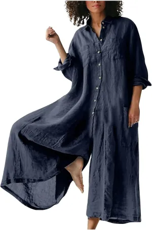 HGps8w Plus Size Linen Jumpsuits for Women Summer Button Down Short Sleeve Casual Wide Leg Jumpsuit Romper with Pockets