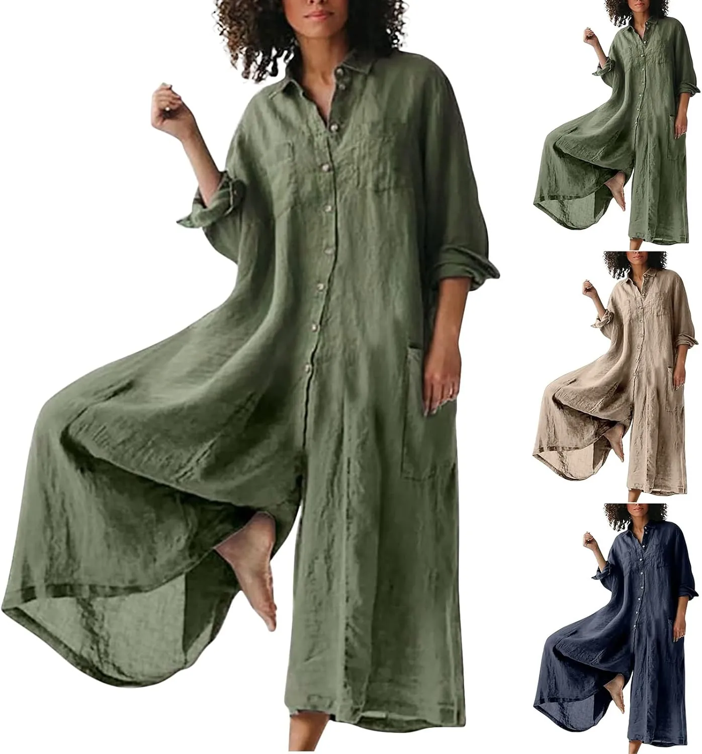HGps8w Plus Size Linen Jumpsuits for Women Summer Button Down Short Sleeve Casual Wide Leg Jumpsuit Romper with Pockets