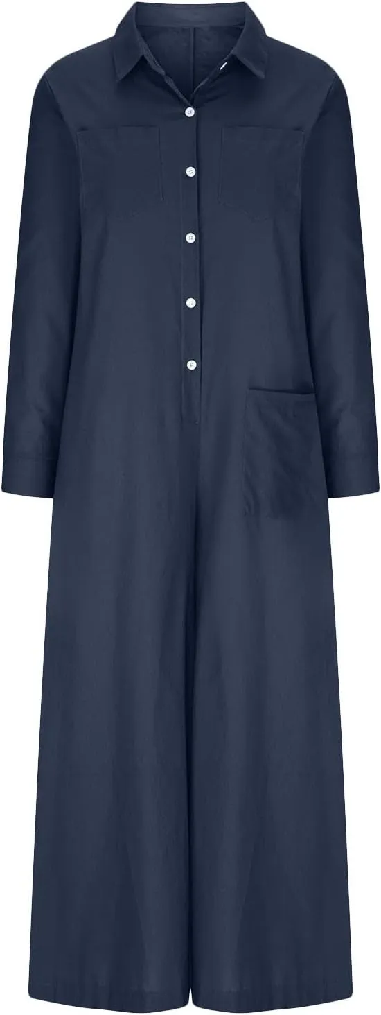 HGps8w Plus Size Linen Jumpsuits for Women Summer Button Down Short Sleeve Casual Wide Leg Jumpsuit Romper with Pockets