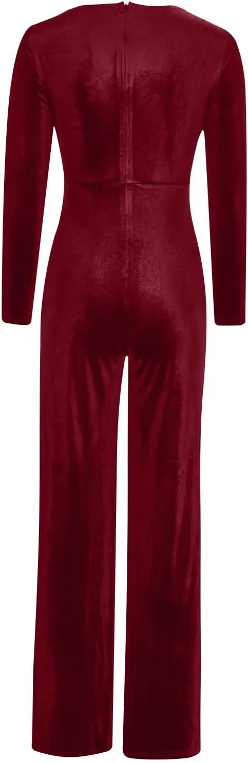 HGps8w Women Sexy V Neck Velvet Jumpsuits Long Sleeve Dressy Belted Romper Wide Leg Pants Onesie One Piece Elegant Pantsuits