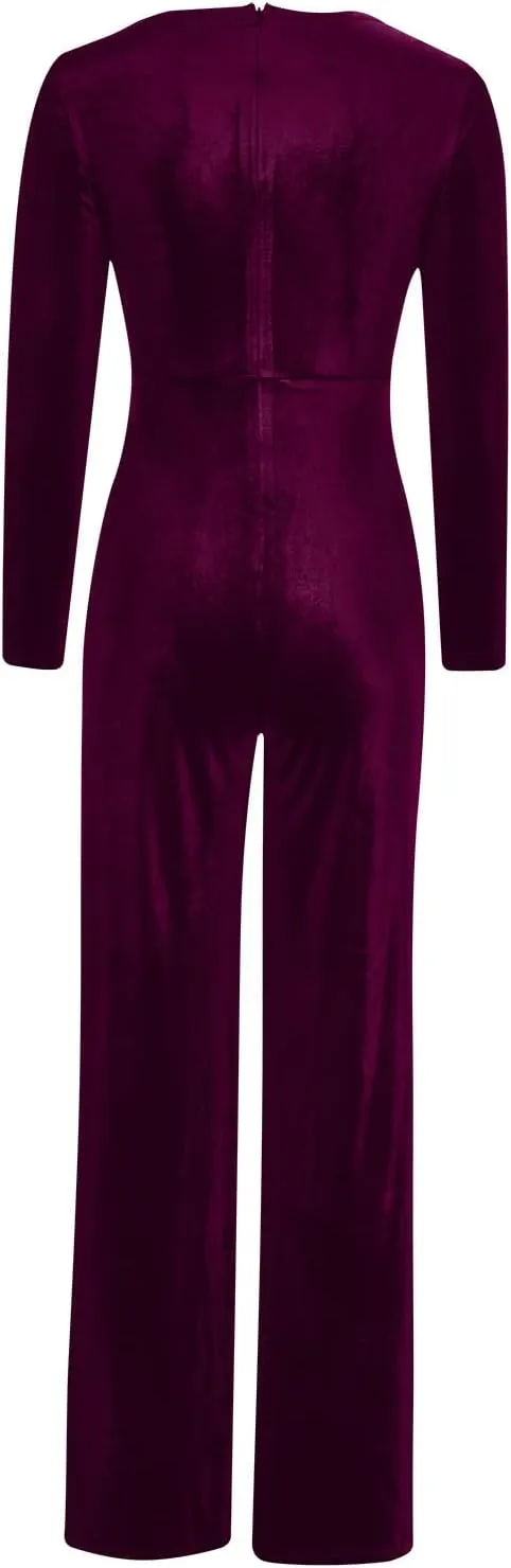 HGps8w Women Sexy V Neck Velvet Jumpsuits Long Sleeve Dressy Belted Romper Wide Leg Pants Onesie One Piece Elegant Pantsuits