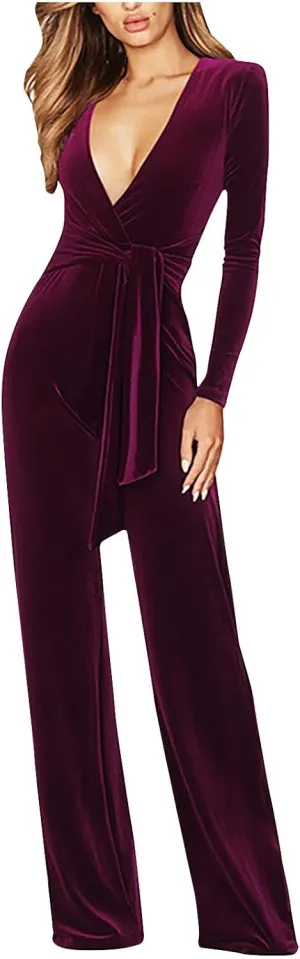 HGps8w Women Sexy V Neck Velvet Jumpsuits Long Sleeve Dressy Belted Romper Wide Leg Pants Onesie One Piece Elegant Pantsuits