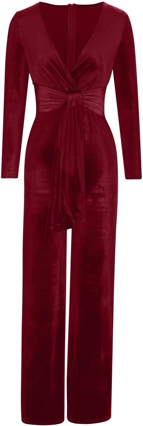 HGps8w Women Sexy V Neck Velvet Jumpsuits Long Sleeve Dressy Belted Romper Wide Leg Pants Onesie One Piece Elegant Pantsuits