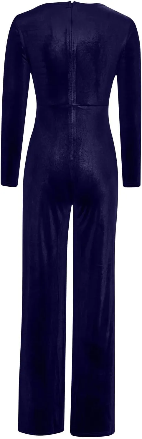 HGps8w Women Sexy V Neck Velvet Jumpsuits Long Sleeve Dressy Belted Romper Wide Leg Pants Onesie One Piece Elegant Pantsuits