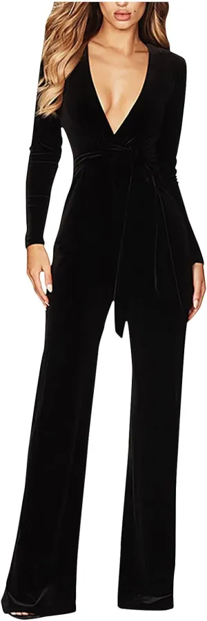 HGps8w Women Sexy V Neck Velvet Jumpsuits Long Sleeve Dressy Belted Romper Wide Leg Pants Onesie One Piece Elegant Pantsuits
