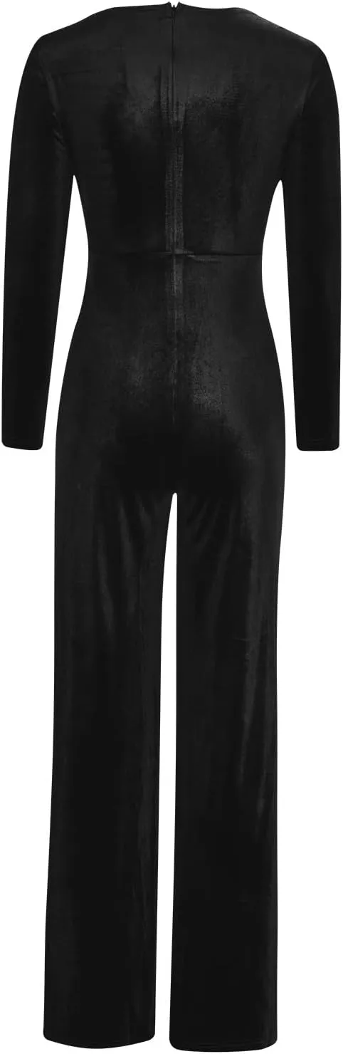 HGps8w Women Sexy V Neck Velvet Jumpsuits Long Sleeve Dressy Belted Romper Wide Leg Pants Onesie One Piece Elegant Pantsuits