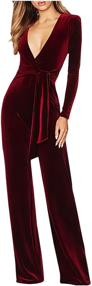 HGps8w Women Sexy V Neck Velvet Jumpsuits Long Sleeve Dressy Belted Romper Wide Leg Pants Onesie One Piece Elegant Pantsuits