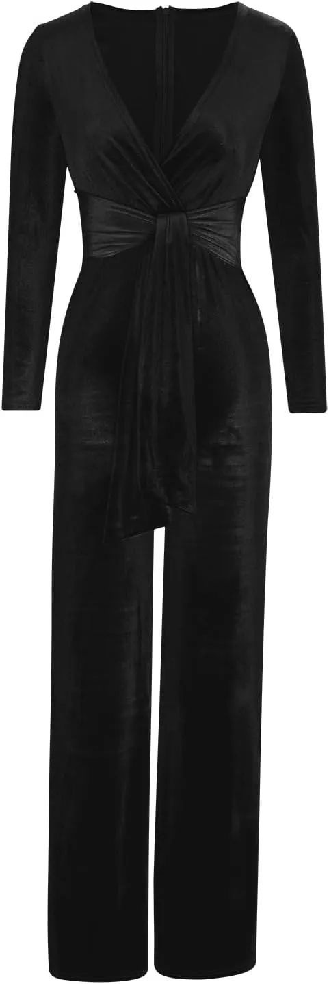 HGps8w Women Sexy V Neck Velvet Jumpsuits Long Sleeve Dressy Belted Romper Wide Leg Pants Onesie One Piece Elegant Pantsuits