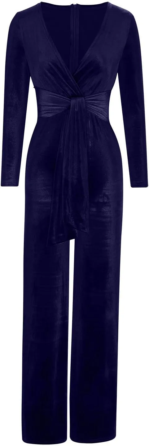 HGps8w Women Sexy V Neck Velvet Jumpsuits Long Sleeve Dressy Belted Romper Wide Leg Pants Onesie One Piece Elegant Pantsuits