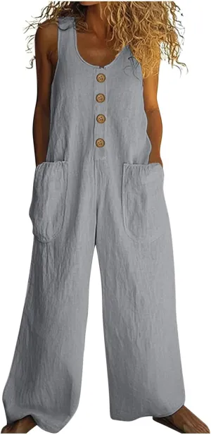 HGps8w Women's 2025 Summer Casual Cotton Linen One Piece Jumpsuits Button Down Loose Wide Leg Pants Rompers Beach Outfits