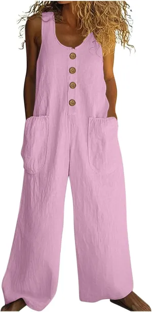 HGps8w Women's 2025 Summer Casual Cotton Linen One Piece Jumpsuits Button Down Loose Wide Leg Pants Rompers Beach Outfits
