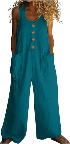 HGps8w Women's 2025 Summer Casual Cotton Linen One Piece Jumpsuits Button Down Loose Wide Leg Pants Rompers Beach Outfits
