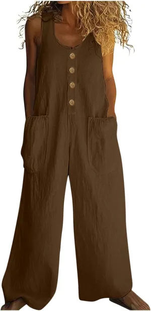 HGps8w Women's 2025 Summer Casual Cotton Linen One Piece Jumpsuits Button Down Loose Wide Leg Pants Rompers Beach Outfits