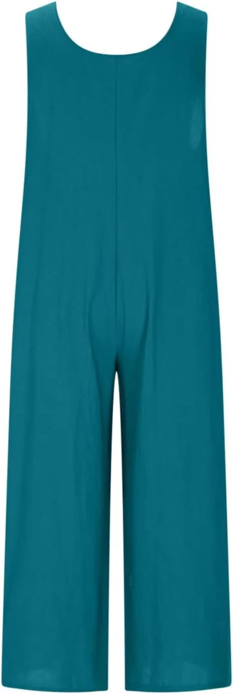HGps8w Women's 2025 Summer Casual Cotton Linen One Piece Jumpsuits Button Down Loose Wide Leg Pants Rompers Beach Outfits