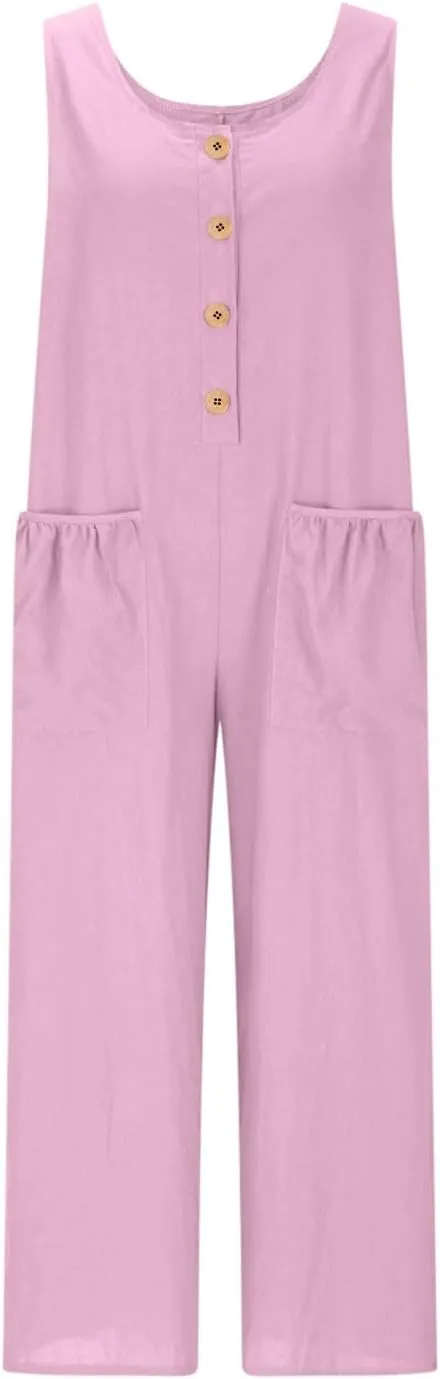 HGps8w Women's 2025 Summer Casual Cotton Linen One Piece Jumpsuits Button Down Loose Wide Leg Pants Rompers Beach Outfits