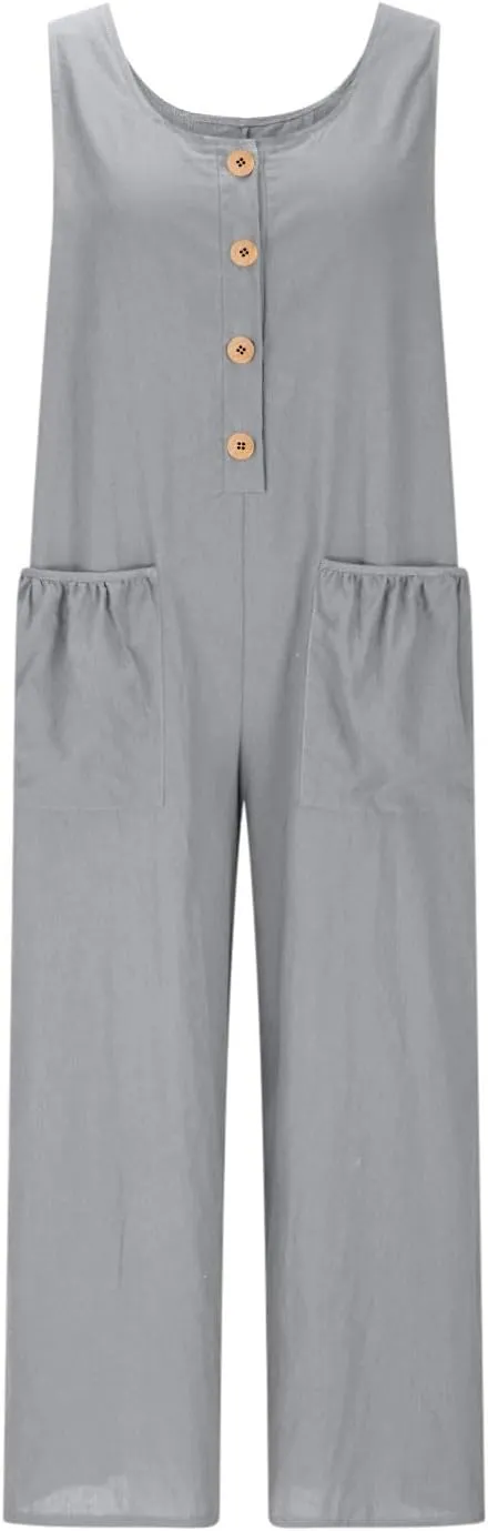 HGps8w Women's 2025 Summer Casual Cotton Linen One Piece Jumpsuits Button Down Loose Wide Leg Pants Rompers Beach Outfits