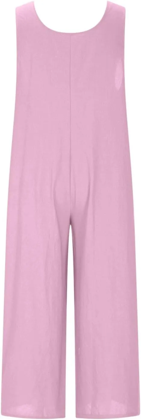 HGps8w Women's 2025 Summer Casual Cotton Linen One Piece Jumpsuits Button Down Loose Wide Leg Pants Rompers Beach Outfits