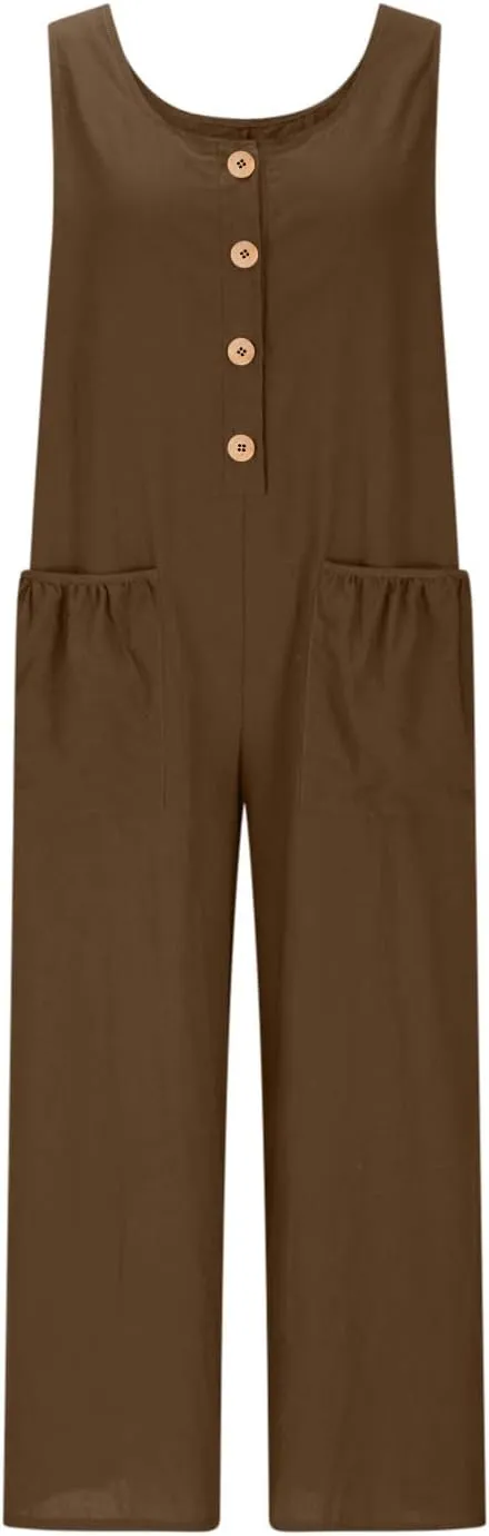 HGps8w Women's 2025 Summer Casual Cotton Linen One Piece Jumpsuits Button Down Loose Wide Leg Pants Rompers Beach Outfits