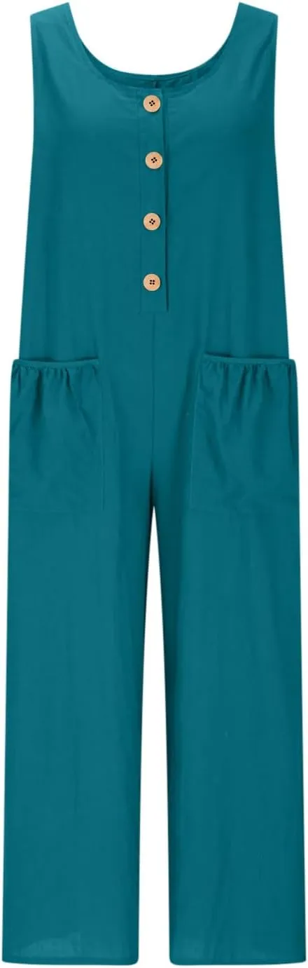 HGps8w Women's 2025 Summer Casual Cotton Linen One Piece Jumpsuits Button Down Loose Wide Leg Pants Rompers Beach Outfits